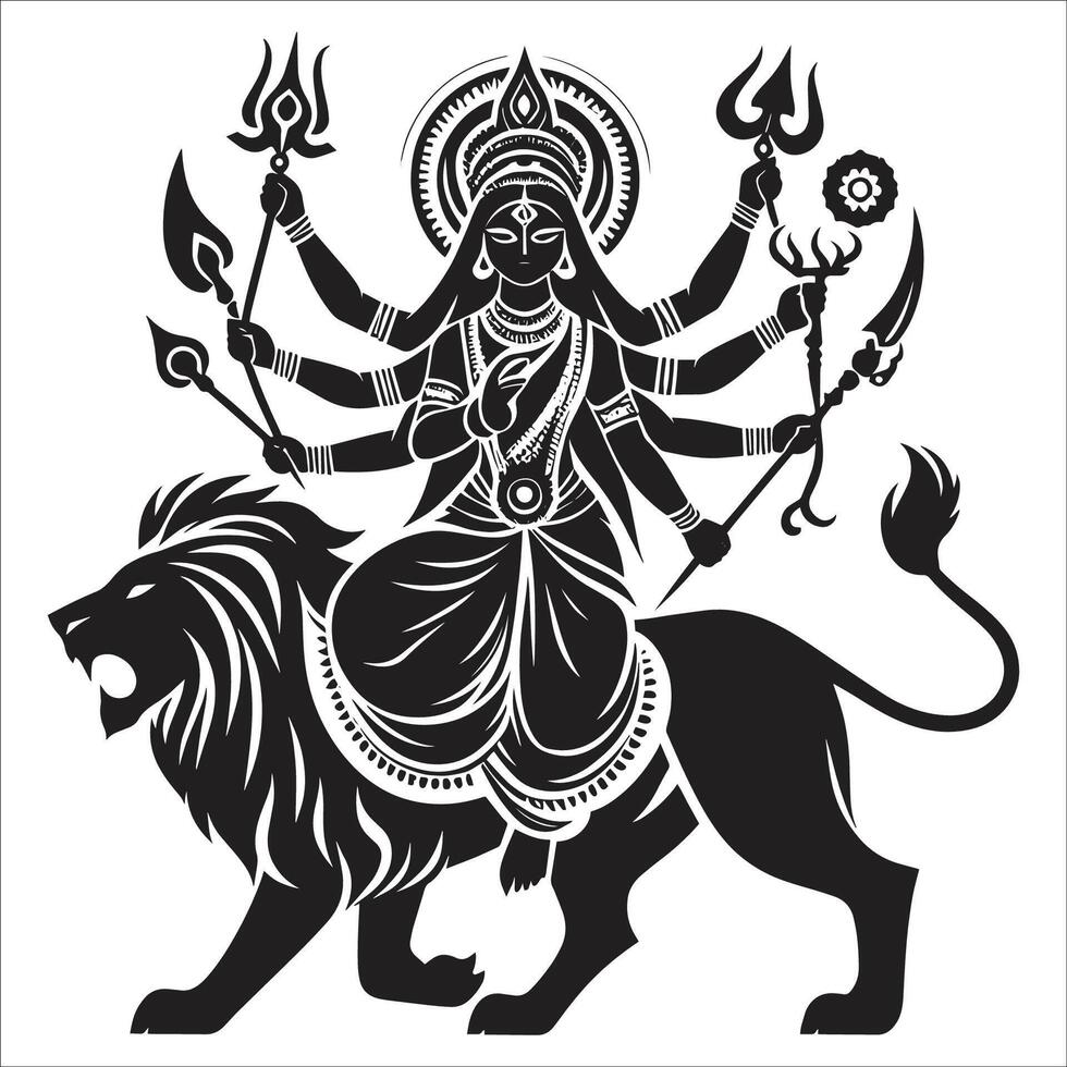 Powerful Goddess with Eight Arms Riding a Lion Holding Tridents Hindu Spiritual Artwork for Festivals vector