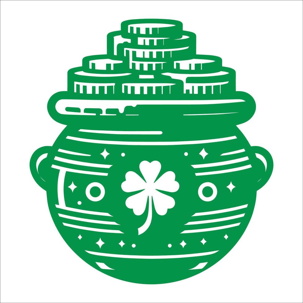 Pot of Gold with Shamrock Symbol, Lucky Treasure for St. Patrick's Day, Irish Wealth and Fortune Icon, Leprechaun Gold Coins, Celtic Prosperity and Good Luck Charm vector