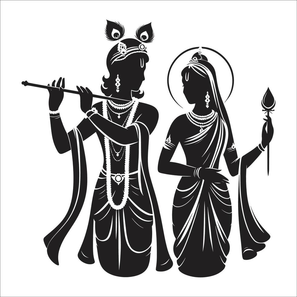 Radha and krishna, black and white silhouette vector