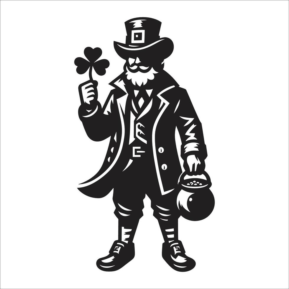 Lucky Leprechaun with Shamrock and Pot of Gold, Classic St Patrick's Day Irish Folklore Illustration, Vintage Irish Luck Symbol for Celebrations and Festivities vector