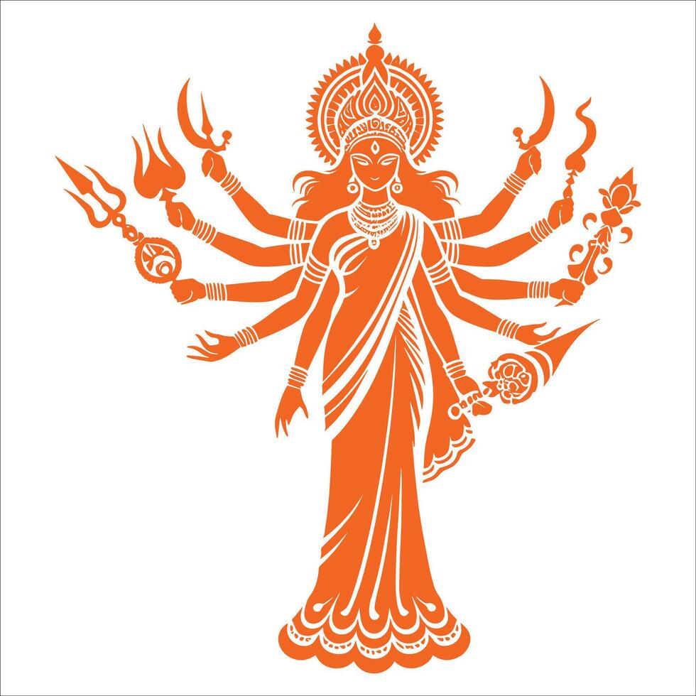 Hindu Goddess Durga with Ten Arms Holding Weapons and Symbolic Items Spiritual Art for Festivals vector