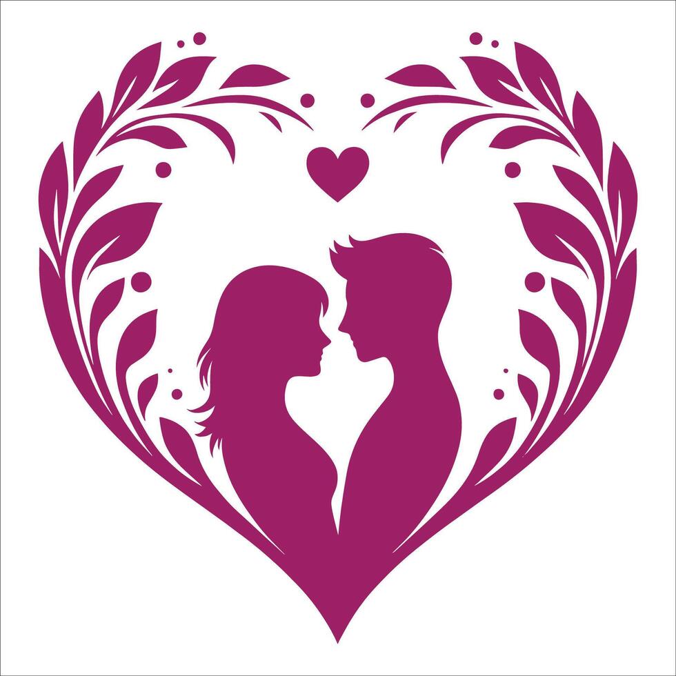 A couple in love in a heart shape with leaves vector
