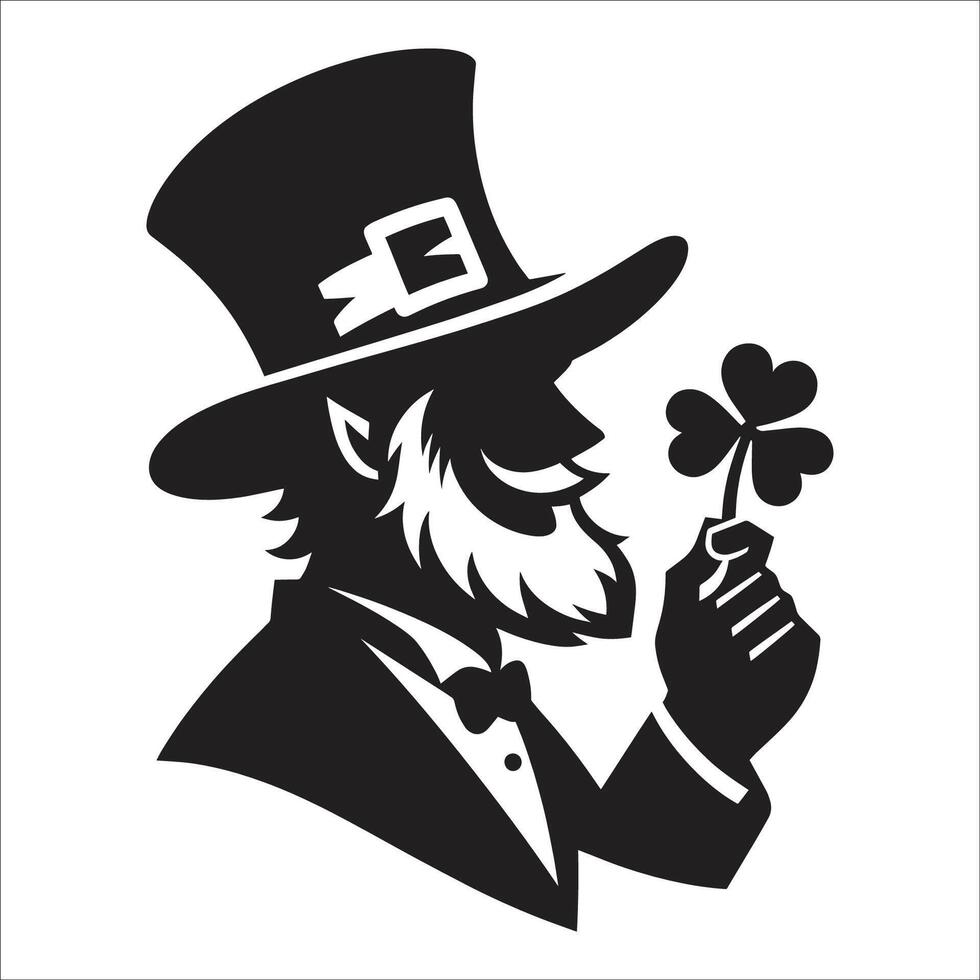 A black and white illustration of a leprechaun holding a shamrock vector