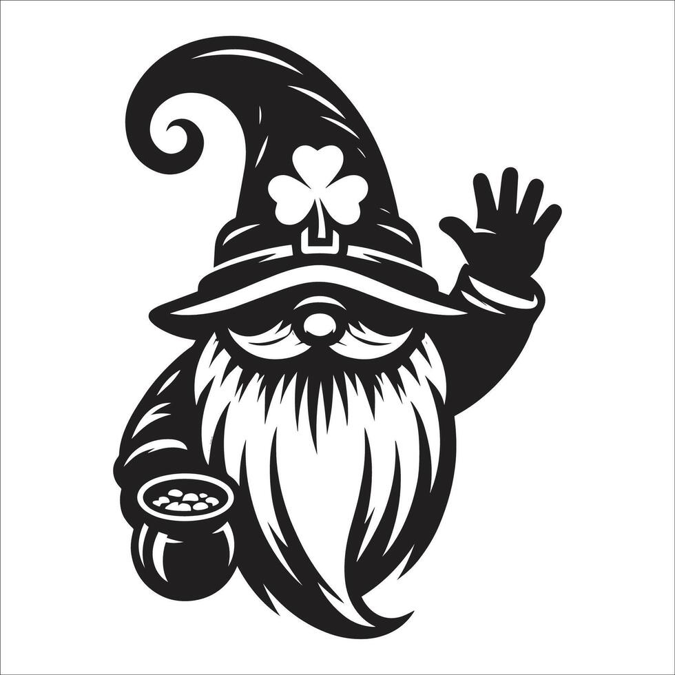 A black and white illustration of a gnome with a pot of gold vector