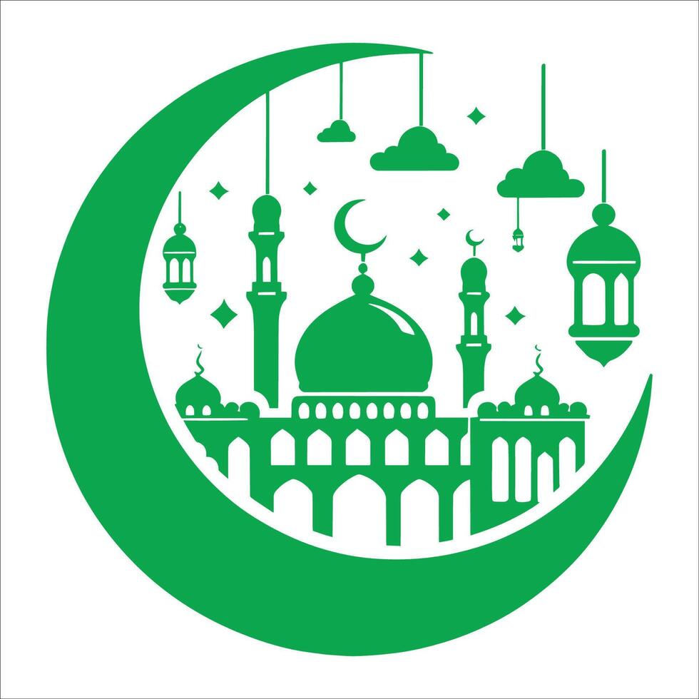 The green mosque and crescent with stars vector