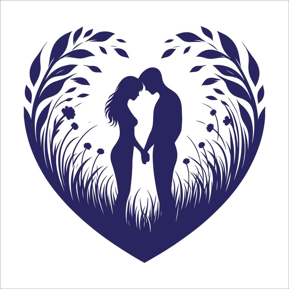 Silhouette of a couple in love in the heart of a field vector