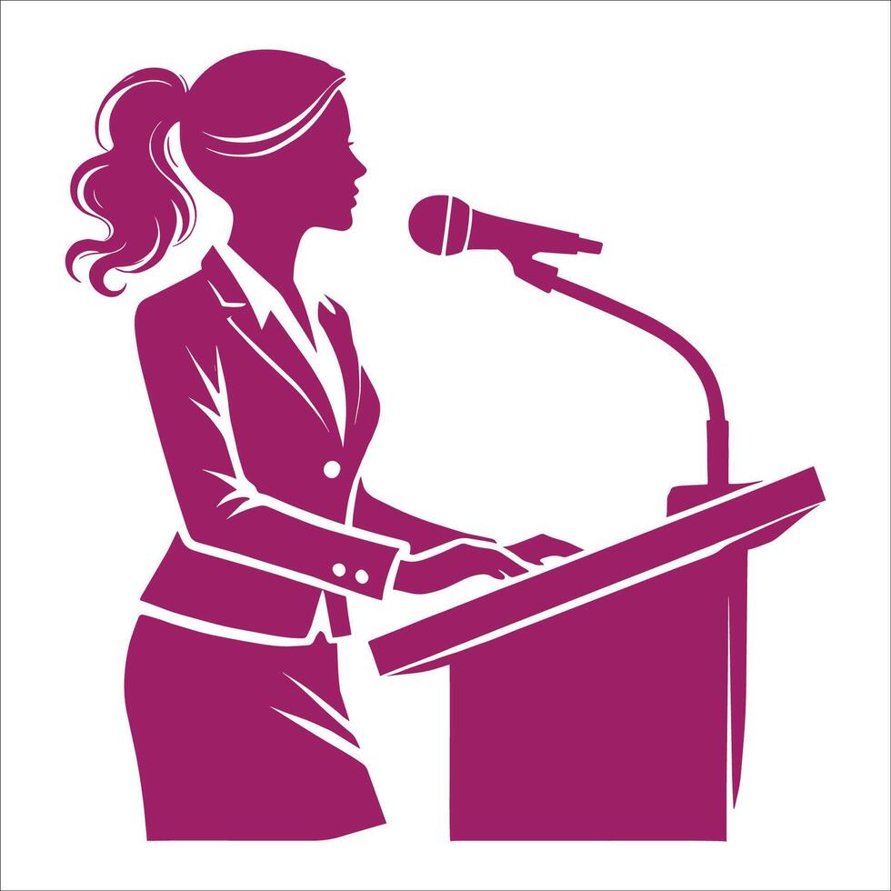 A woman is giving a speech at a podium vector