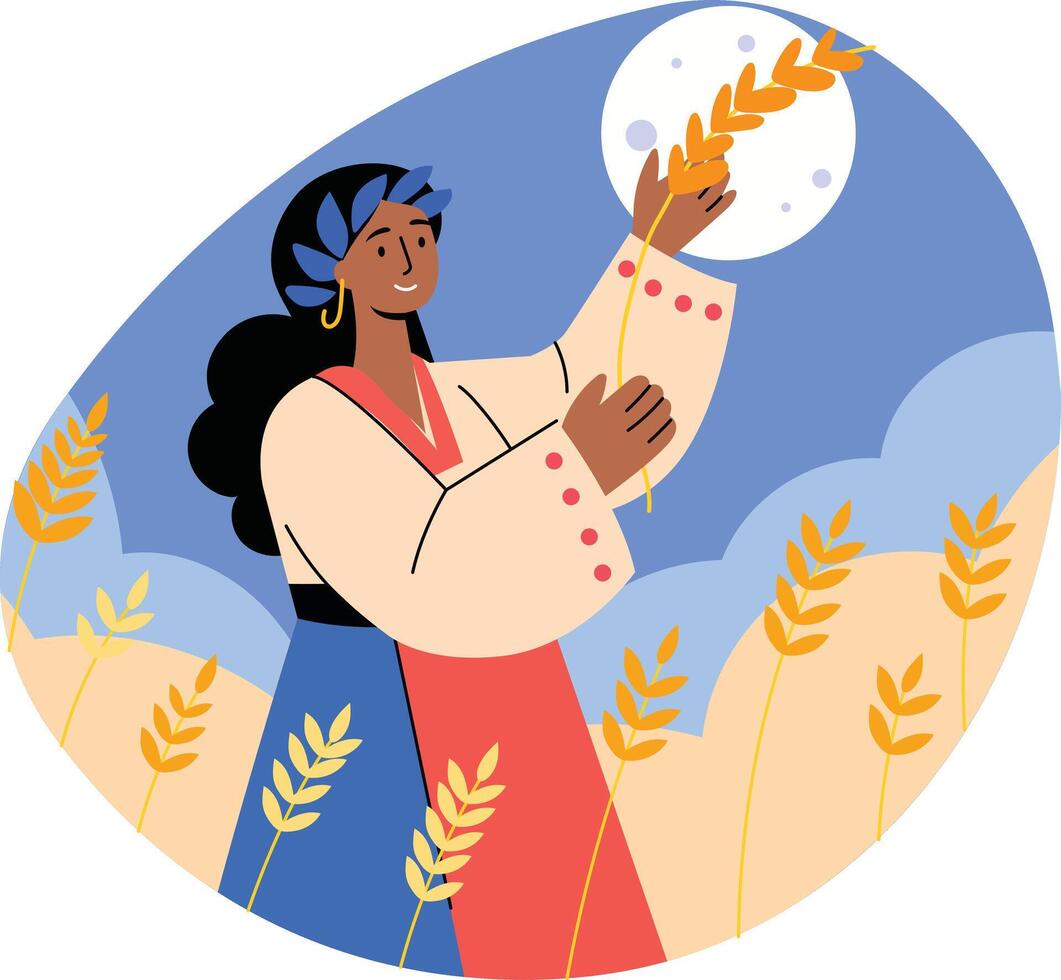 A woman harvesting wheat, flat style illustration vector