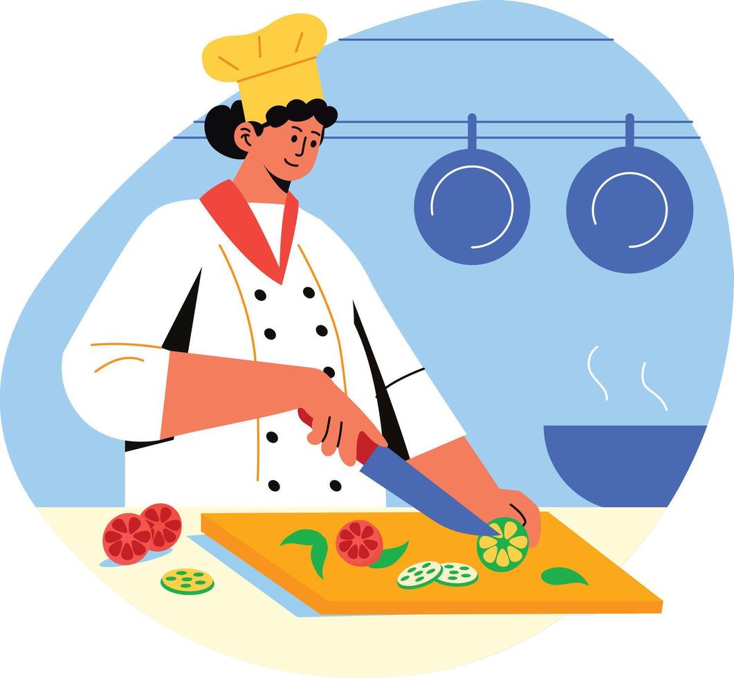 A flat illustration of female chef cutting food vector