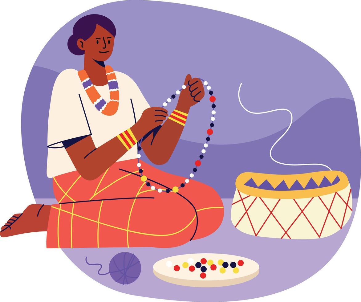 A flat illustration of female making beading crafts vector