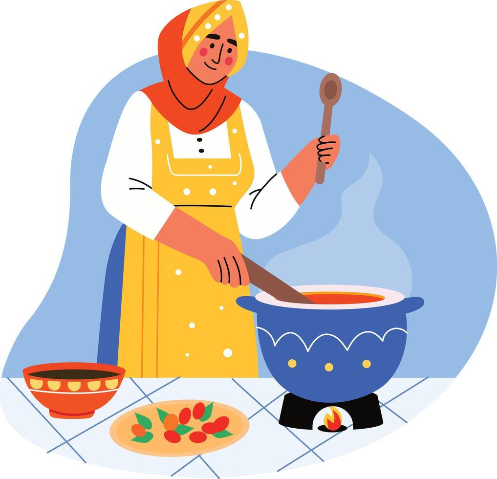 A woman cooking food in kitchen, illustration in flat style vector