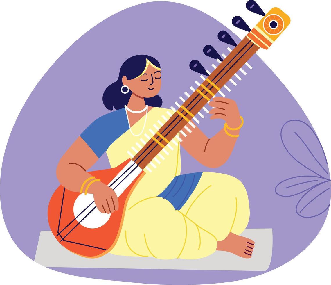 A flat illustration of a woman playing cultural music vector