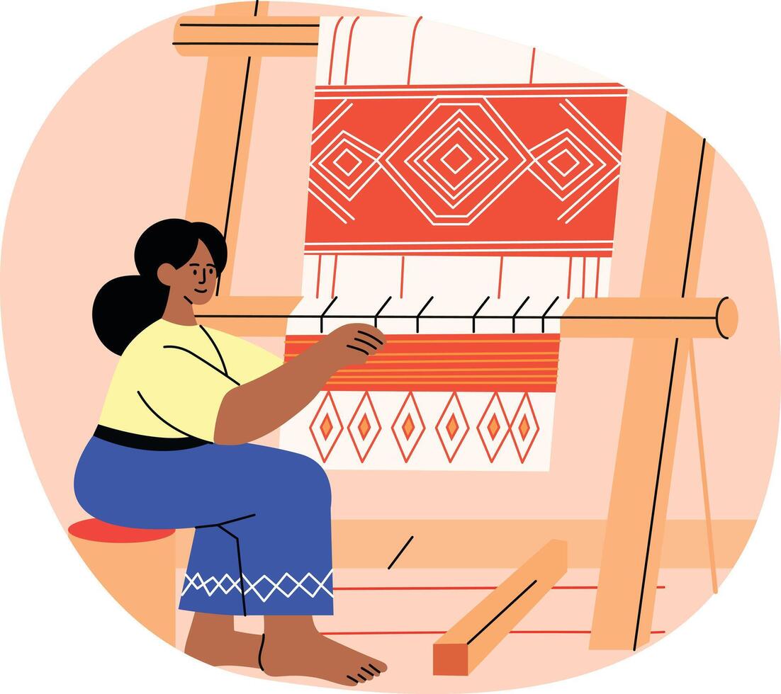 A woman doing cultural weaving, illustration in flat style vector