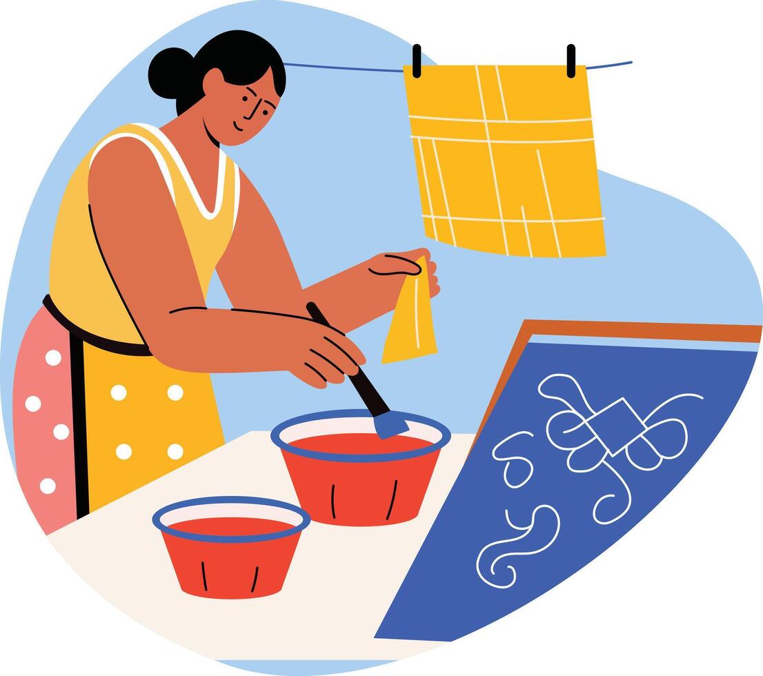A woman dying fabric illustration in flat style vector