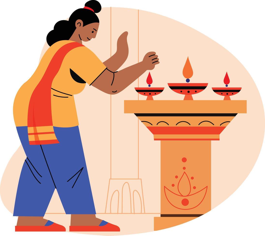 A flat illustration of a woman doing temple offerings vector