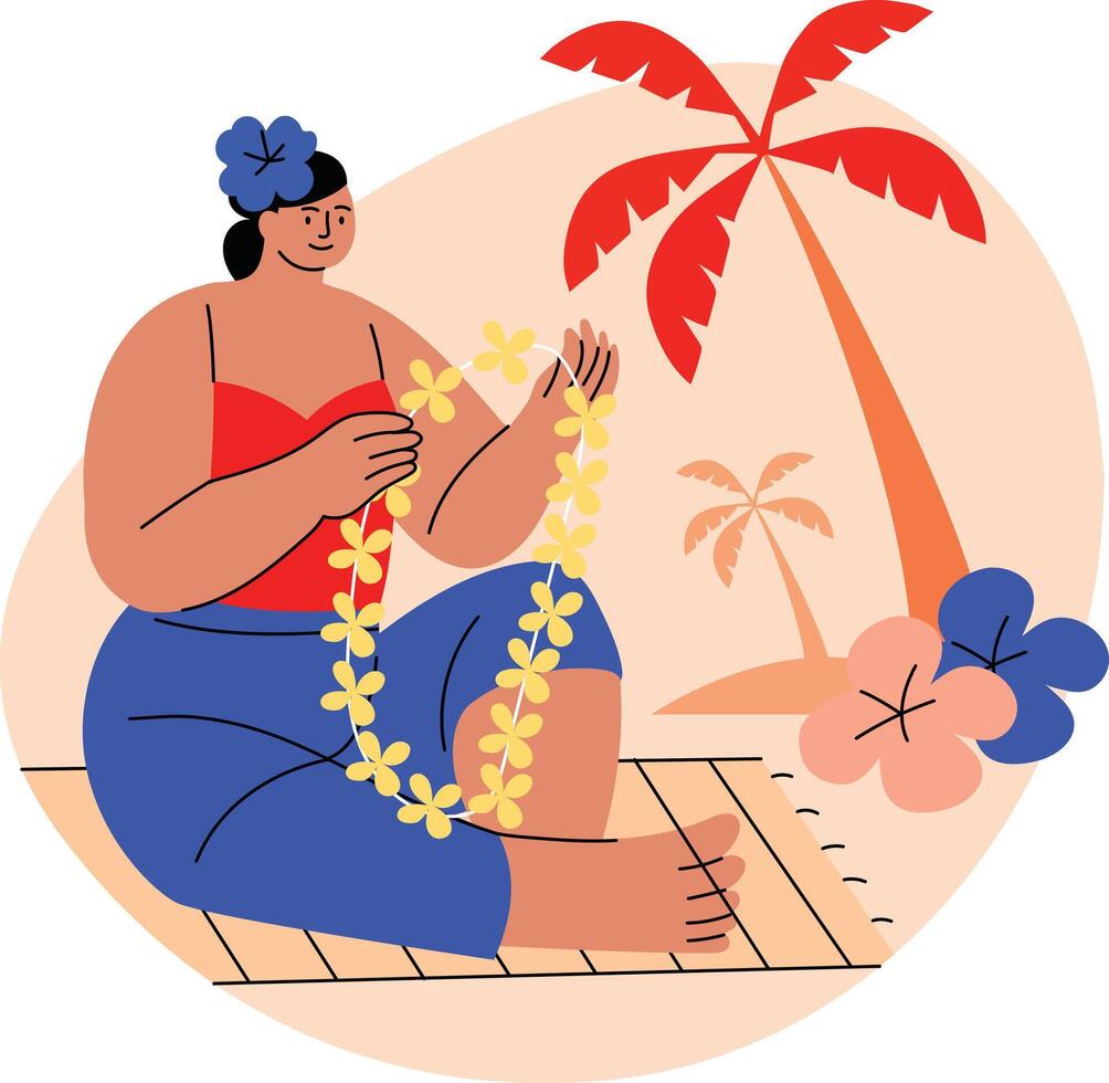 A woman decorating lei garland illustration in flat style vector