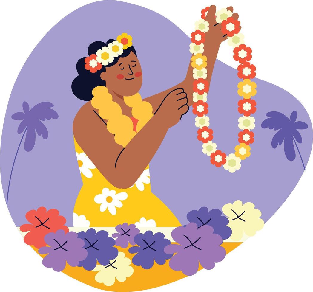 A flat illustration of a woman doing lei fashion vector