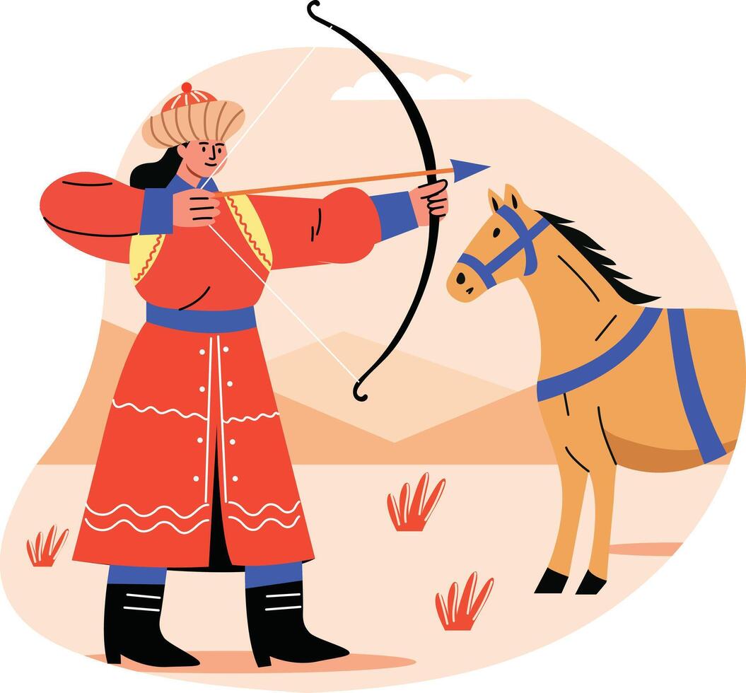 Mongolian archer woman illustration in flat style vector