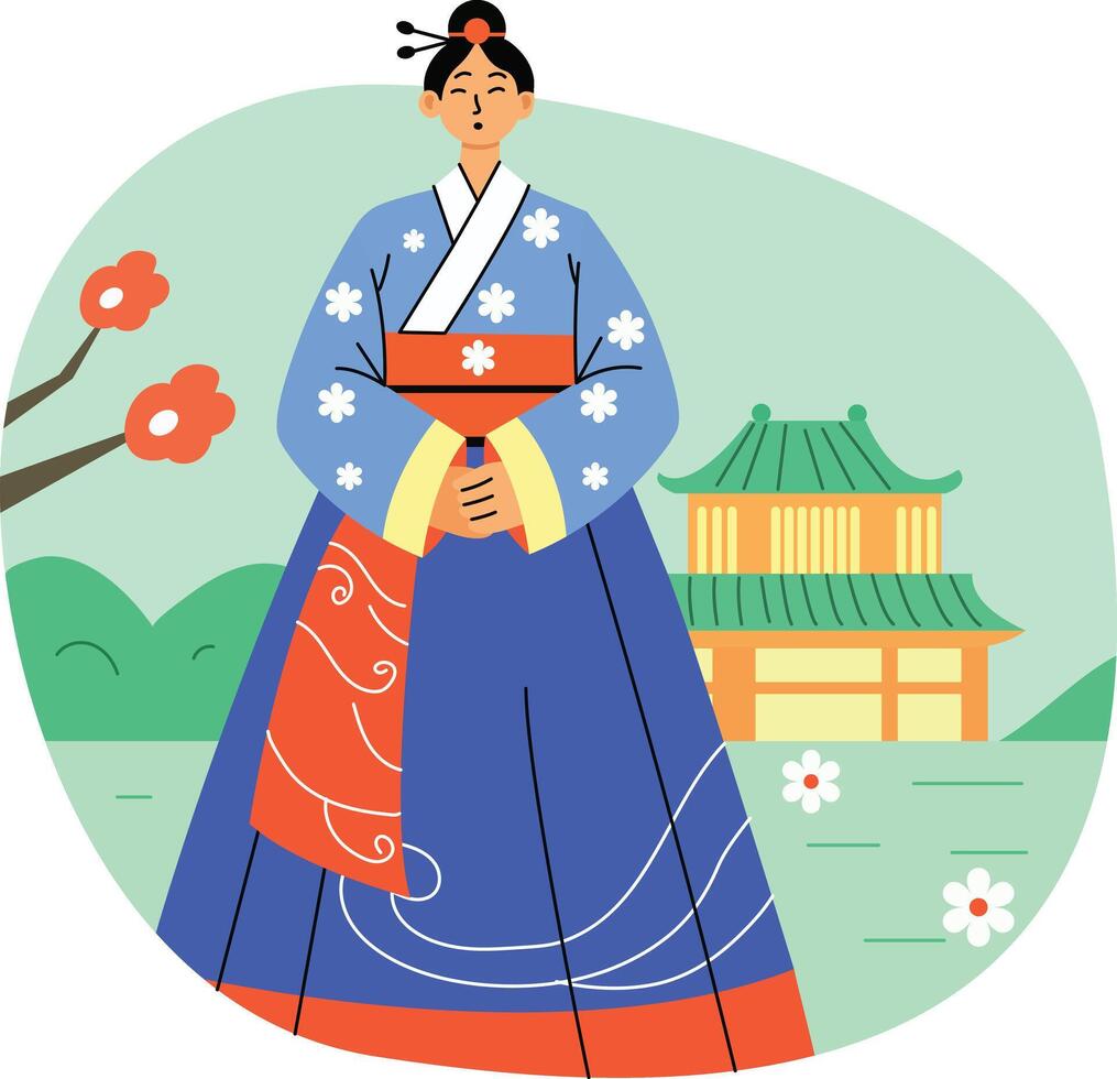 A flat illustration of a woman wearing traditional hanbok vector