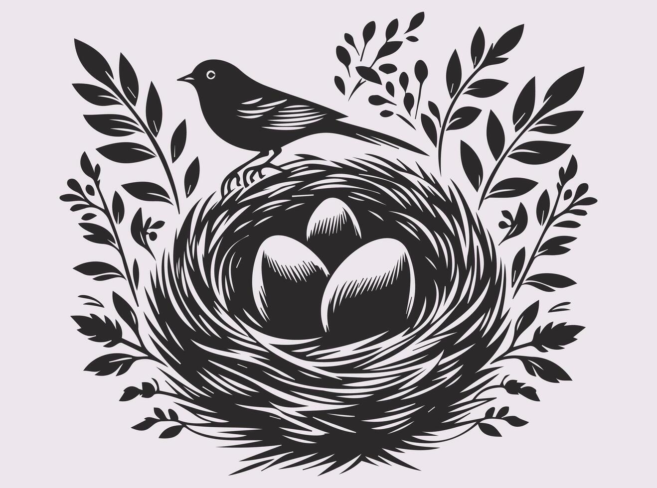Wildlife-Inspired Black Bird with Nest and Eggs Silhouette for Decorative Projects vector