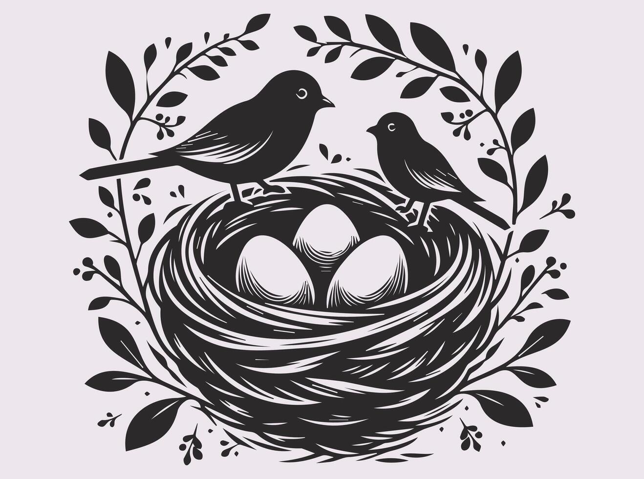 Minimalist Solid Black Bird with Nest and Eggs Silhouette for Art and Decor vector
