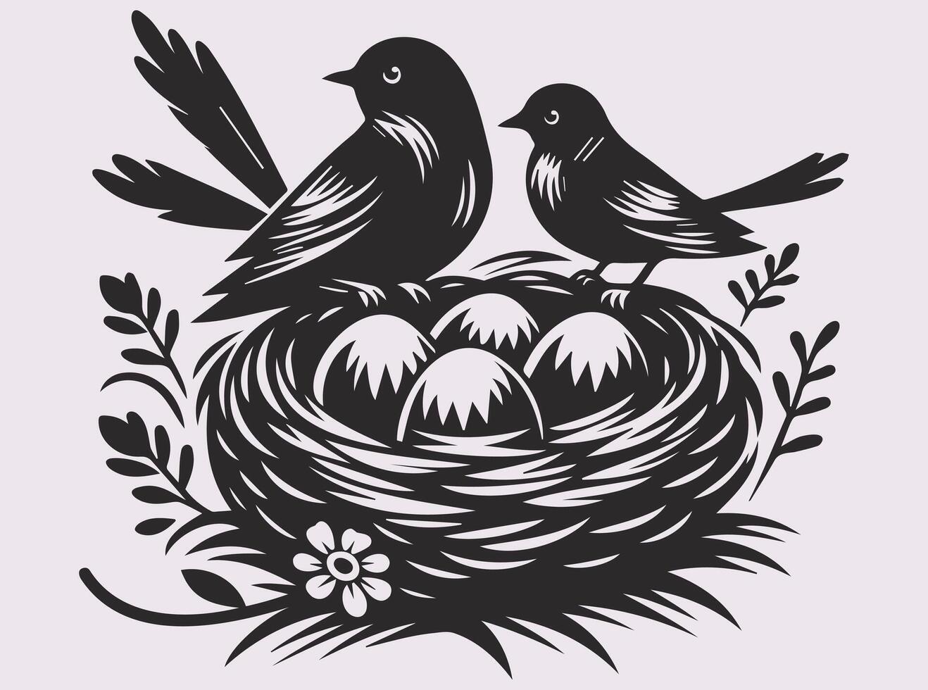 Classic Solid Black Bird with Nest and Eggs Silhouette for Logos and Crafts vector