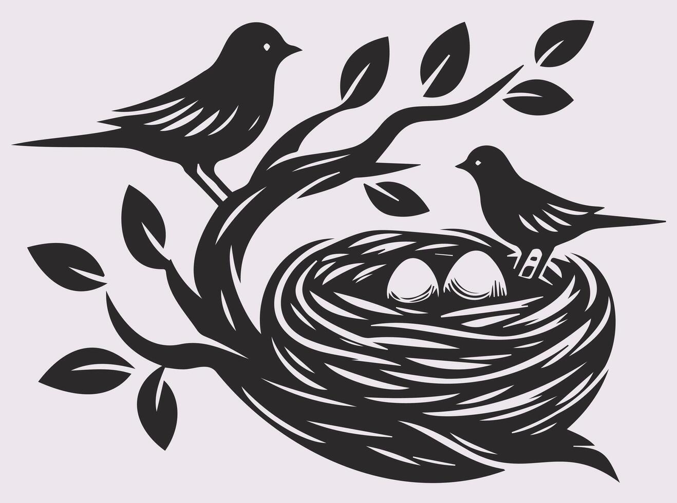 Elegant Solid Black Color Bird with Nest and Eggs Silhouette for Artistic and Decorative Use vector