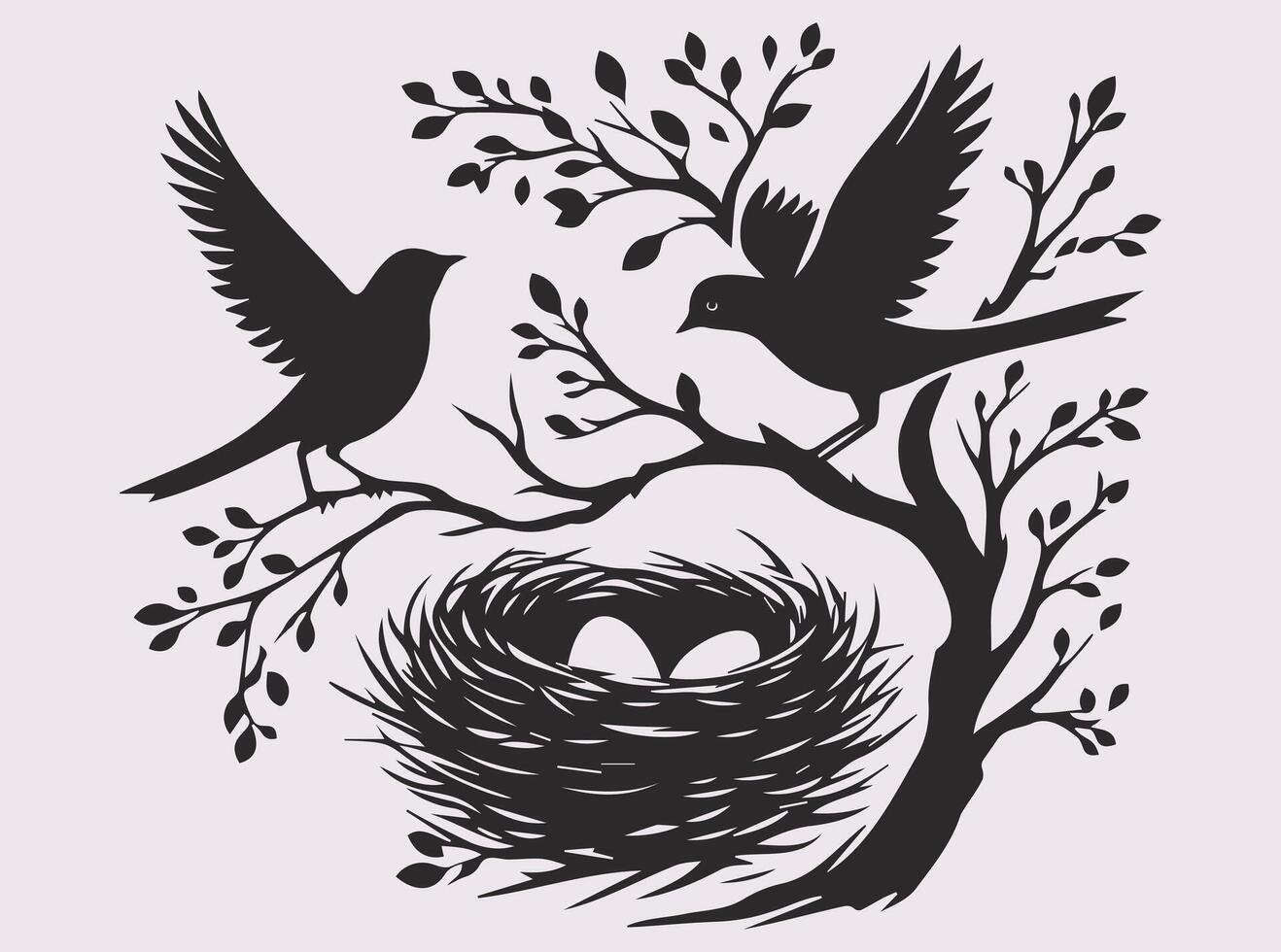 Simple and Stylish Solid Black Bird with Nest and Eggs Silhouette for Design and Art vector