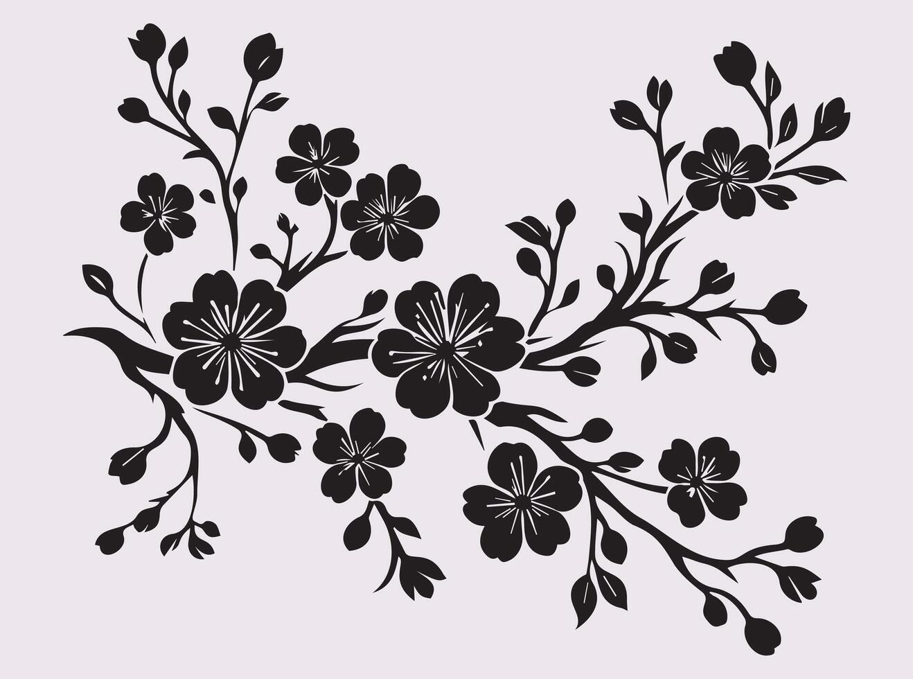 Beautiful Cherry Blossom Branch Silhouette in Solid Black Color vector