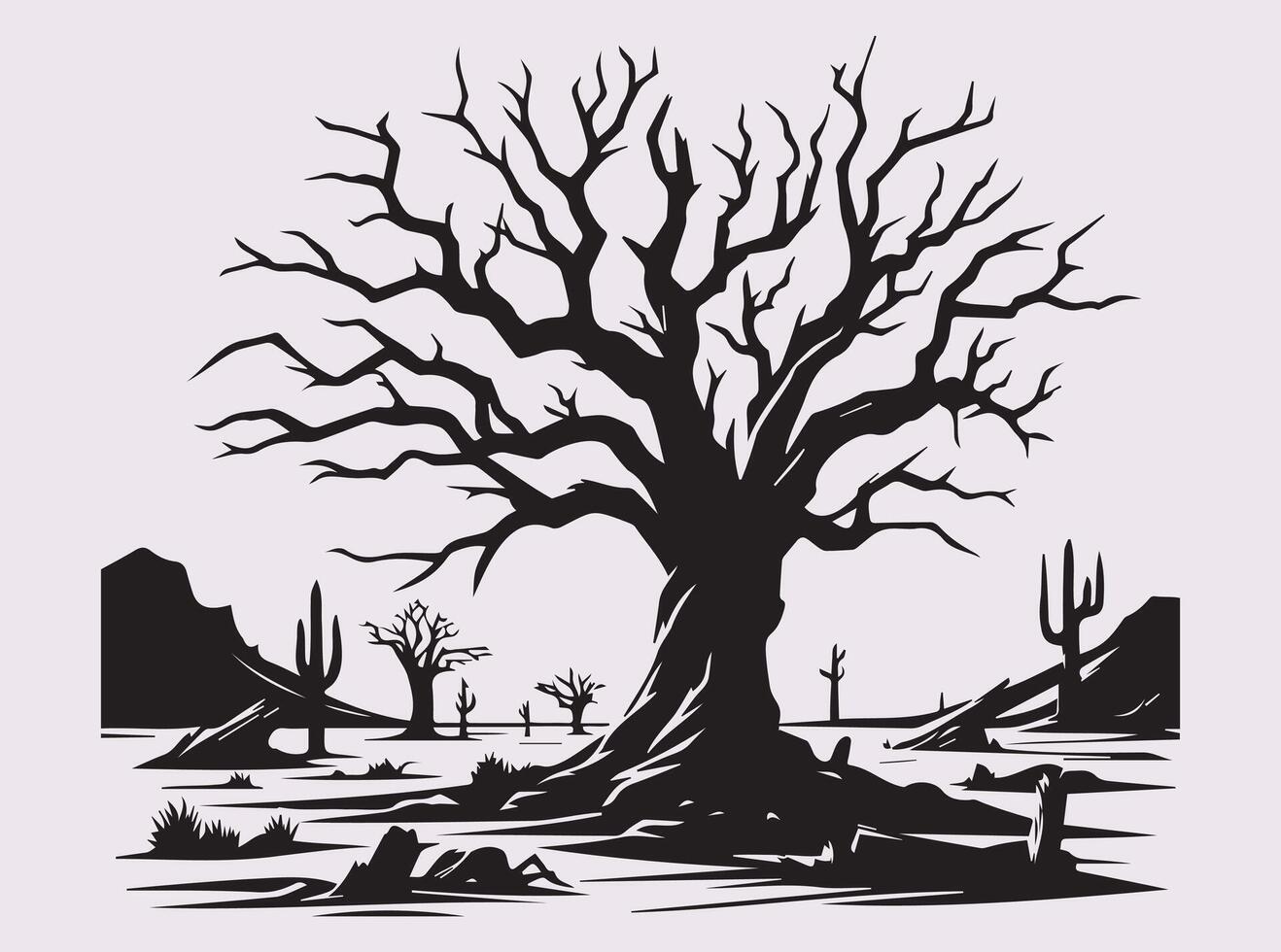 Black Silhouette of a Dead Tree in Desert for Aesthetic Designs vector