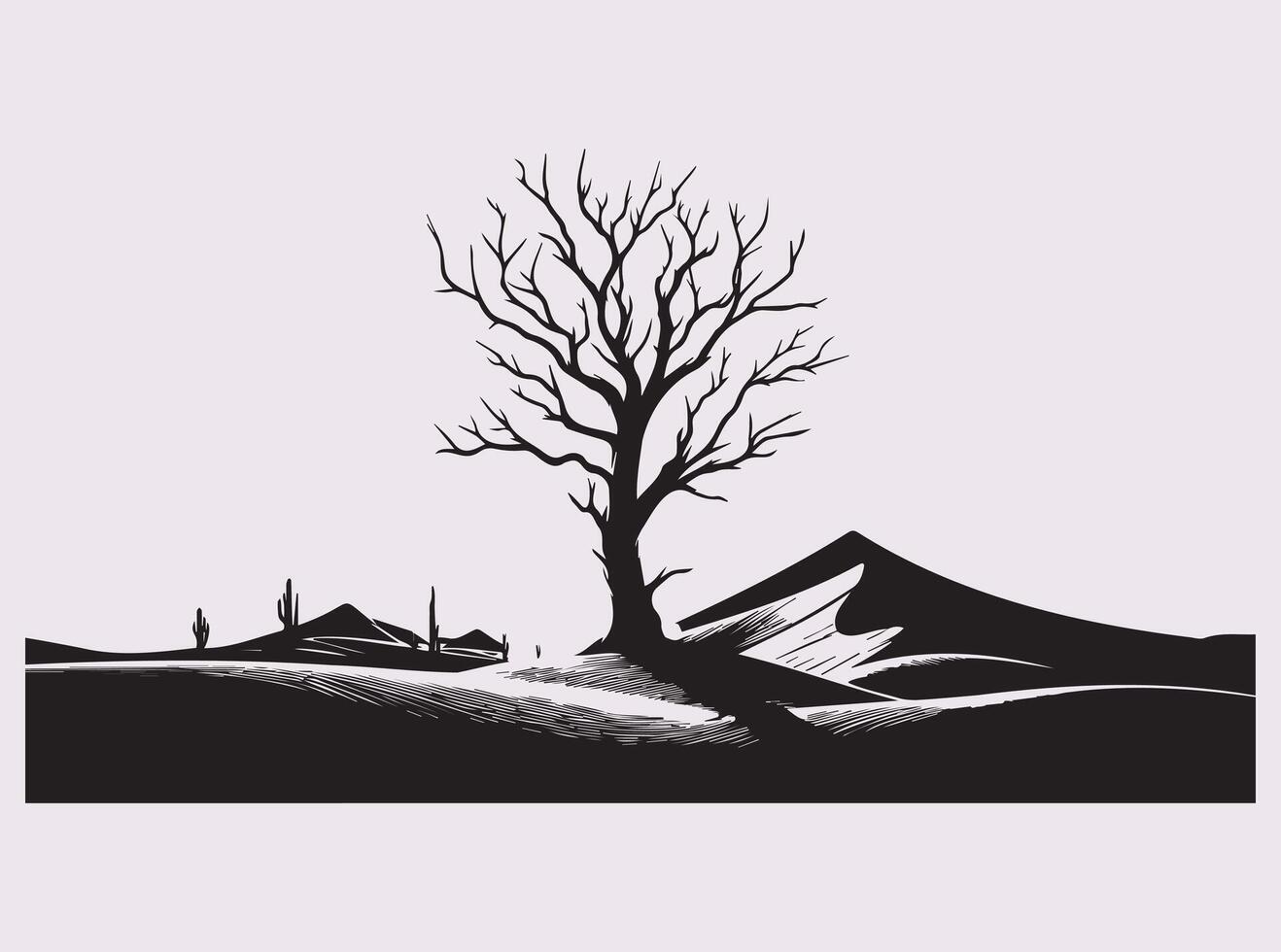 Minimalist Dead Tree Desert Silhouette in Solid Black Color vector