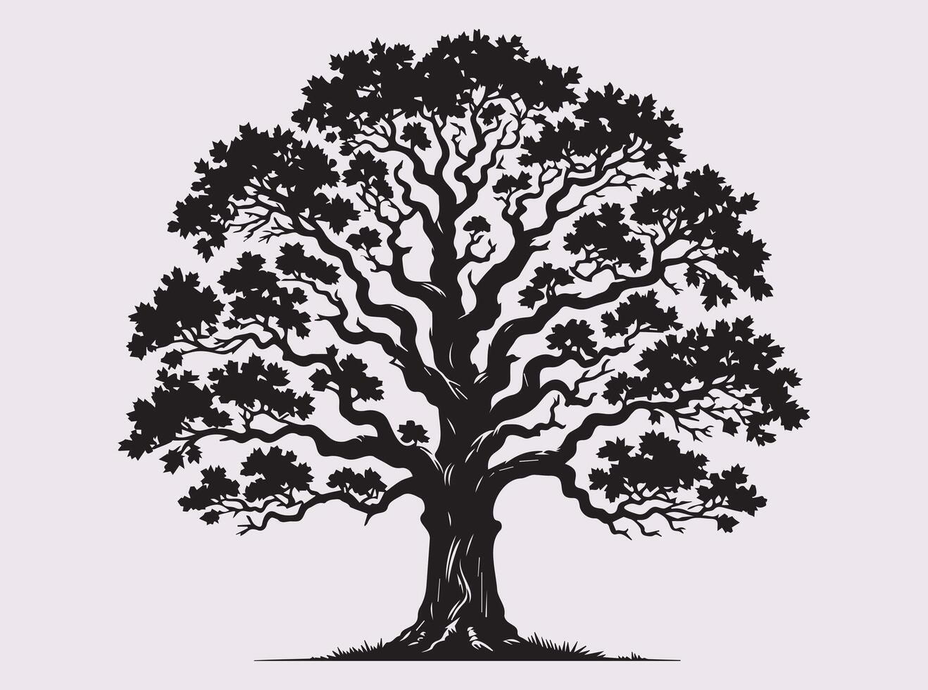 Classic Oak Tree Silhouette in Solid Black Color with Detailed Foliage and Branches vector