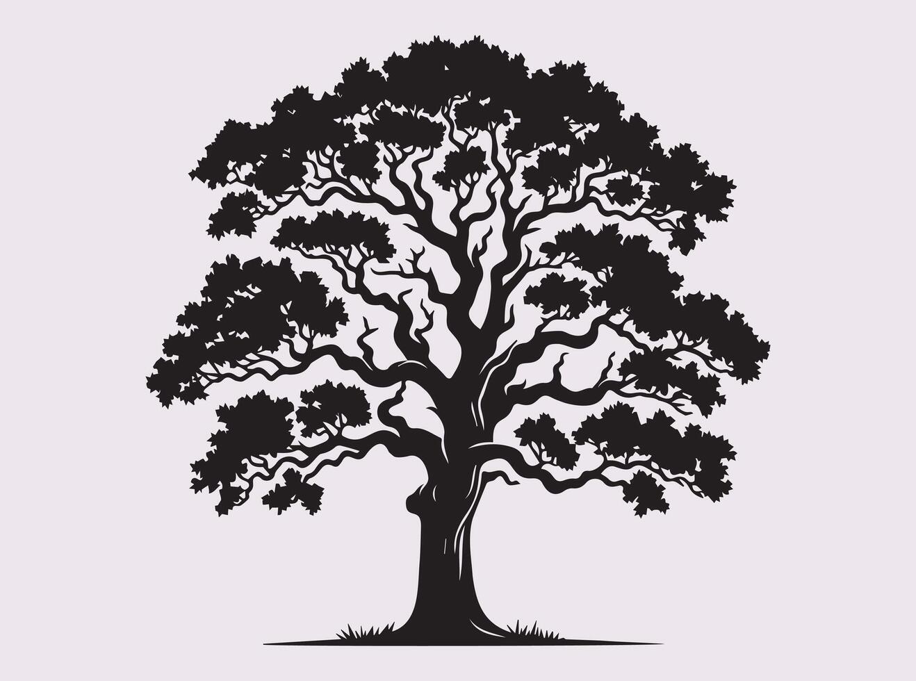 Solid Black Oak Tree Silhouette with Detailed Branches and Trunk for Artistic Use vector