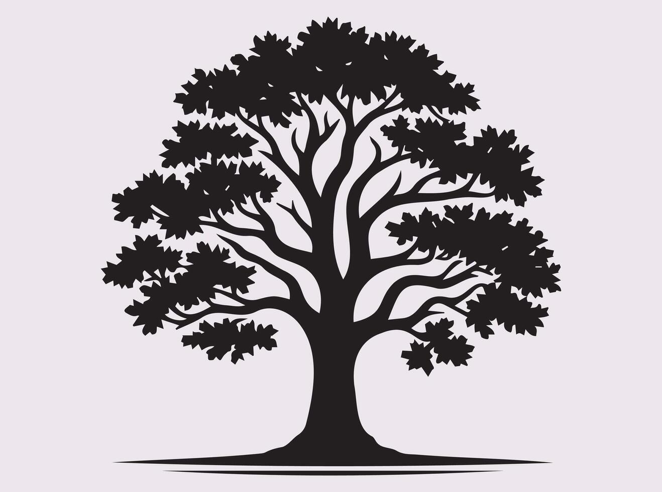 Elegant Oak Tree Silhouette with Branches and Leaves in Solid Black Color vector