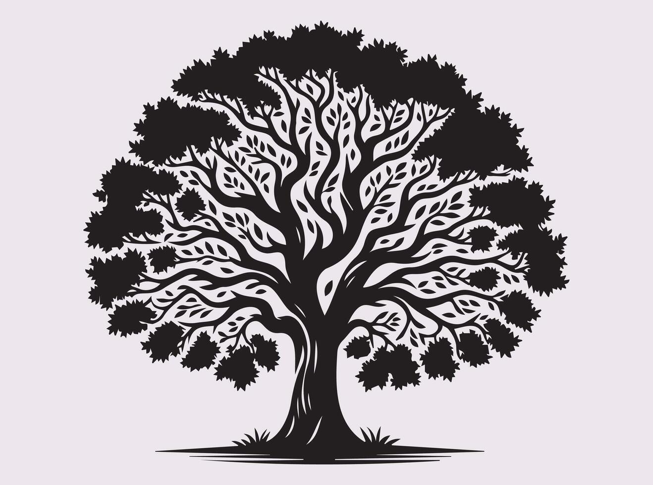 Solid Black Color Oak Tree Silhouette Illustration with Detailed Branches and Leaves vector