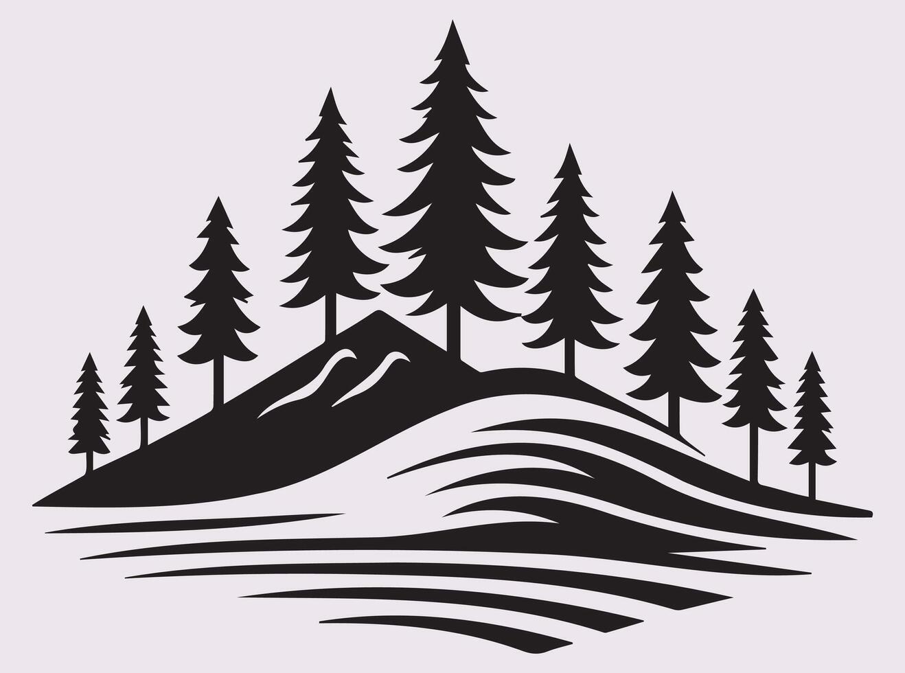 Scenic Black Pine Tree and Mountain Landscape Silhouette for Creative Projects vector