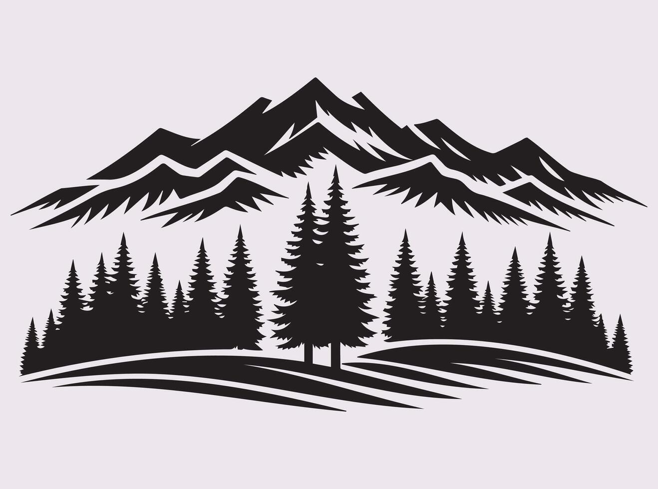Artistic Black Pine Tree with Mountain Landscape Silhouette for Digital Designs vector