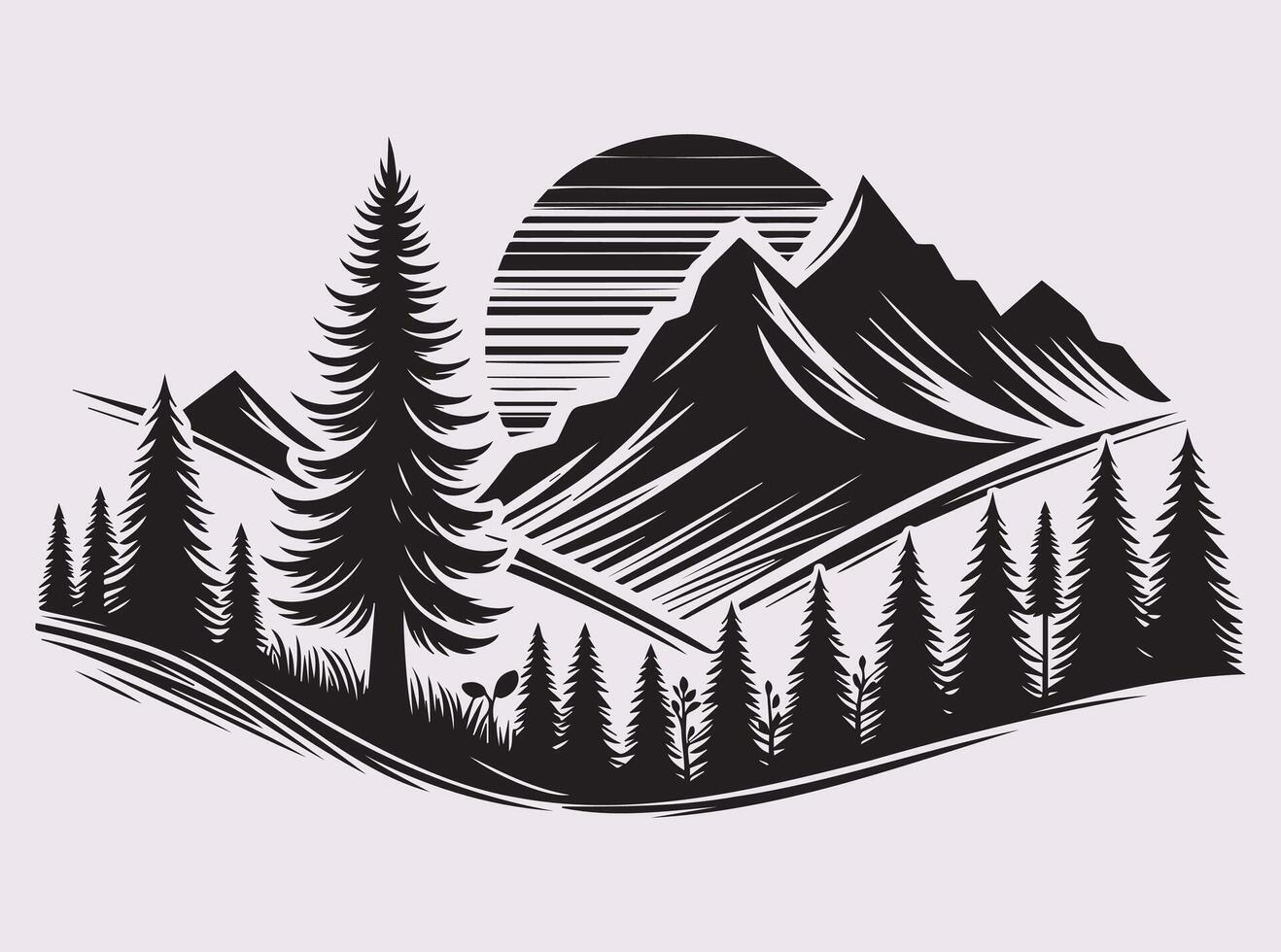 Minimal Black Pine Tree with Mountain Environment Silhouette for Digital Art vector