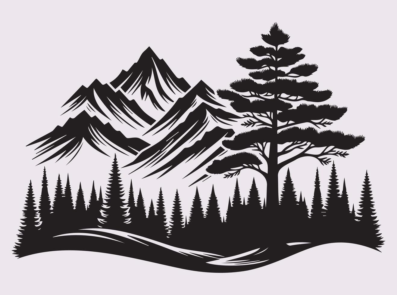 Majestic Black Pine Tree with Mountain Environment Silhouette for Posters vector