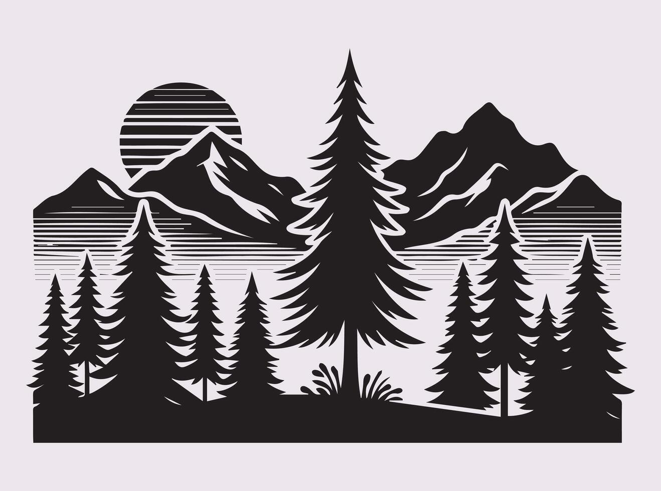 Solid Black Pine Tree with Mountain Environment Silhouette for Custom Prints vector