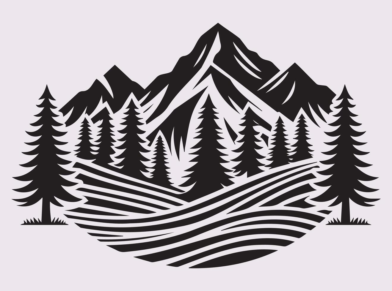 Black Silhouette of Pine Tree and Mountain Environment for Unique Art Designs vector
