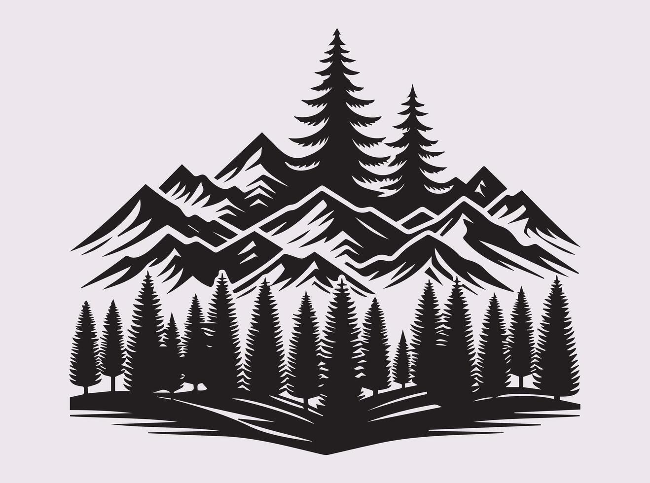 Minimal Black Pine Tree with Mountain Silhouette for Nature Inspired Design vector