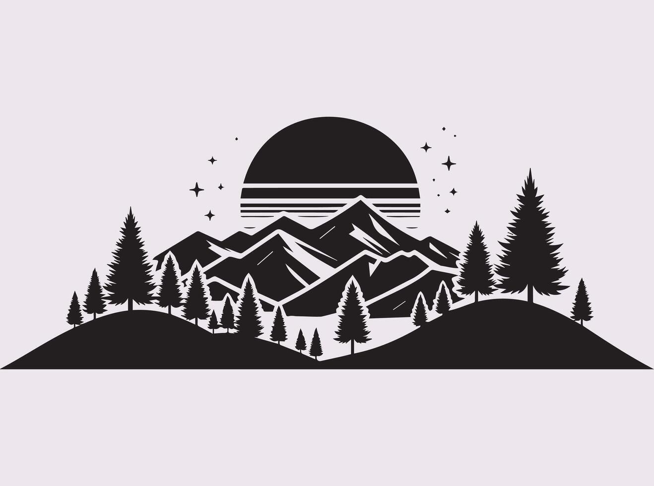 Simple Black Pine Tree with Mountain Environment Silhouette for Creative Use vector