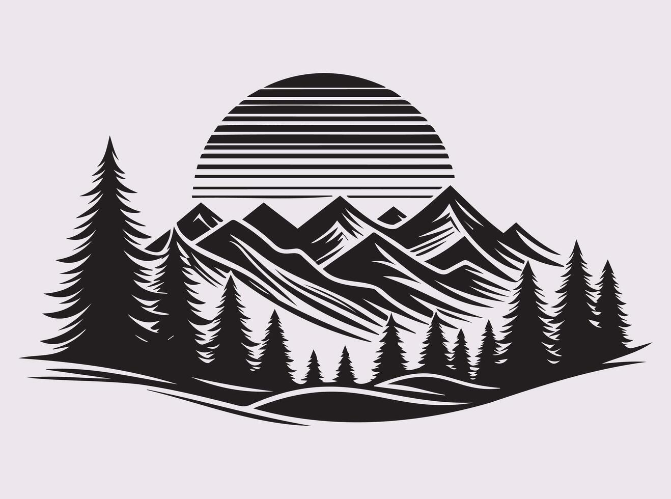 Solid Black Color Pine Tree with Mountain Environment Silhouette for Art and Decoration vector