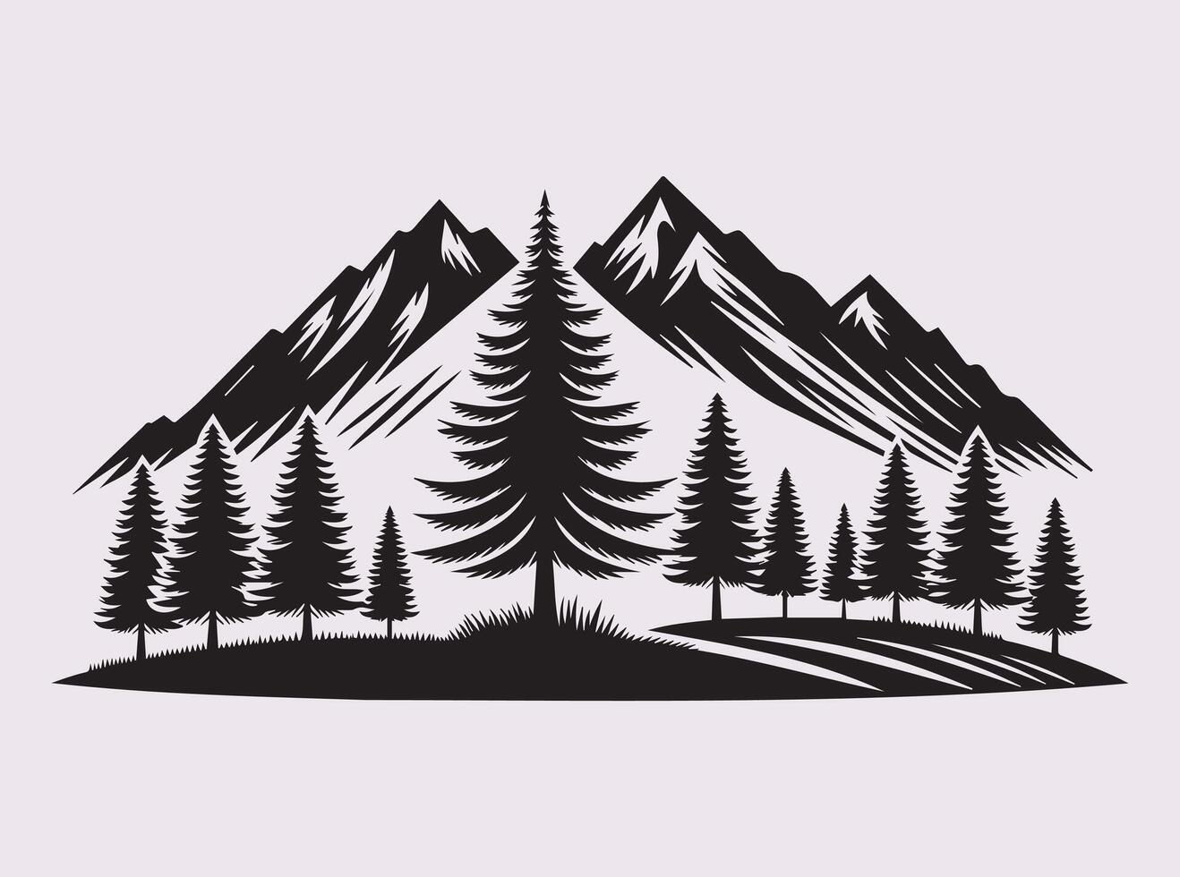 Black Pine Tree and Mountain Environment Silhouette for Digital Art and Crafts vector