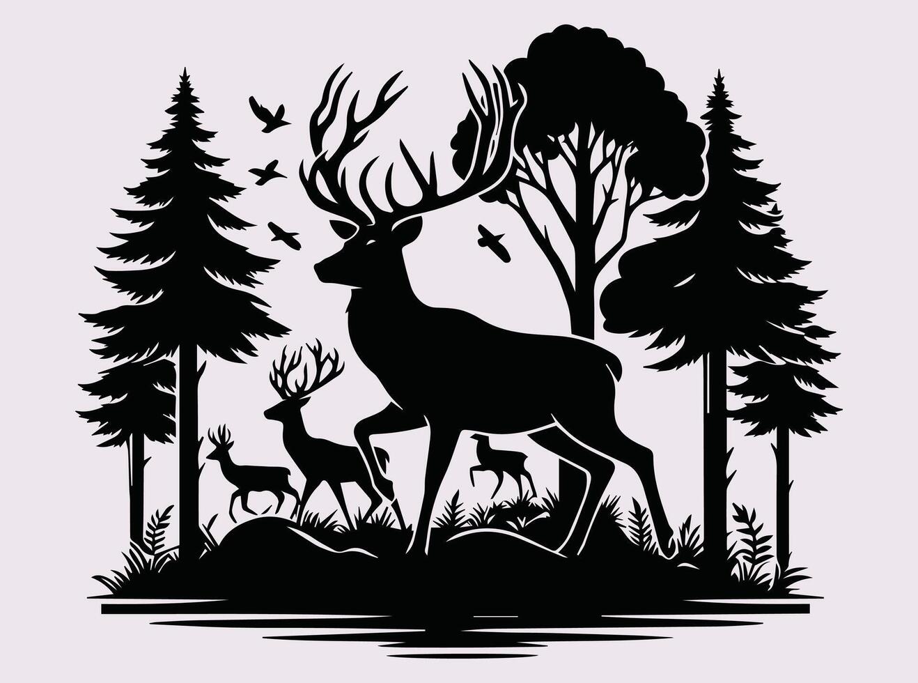 Black Deer in Forest Silhouette for Custom Prints and Wildlife Art vector