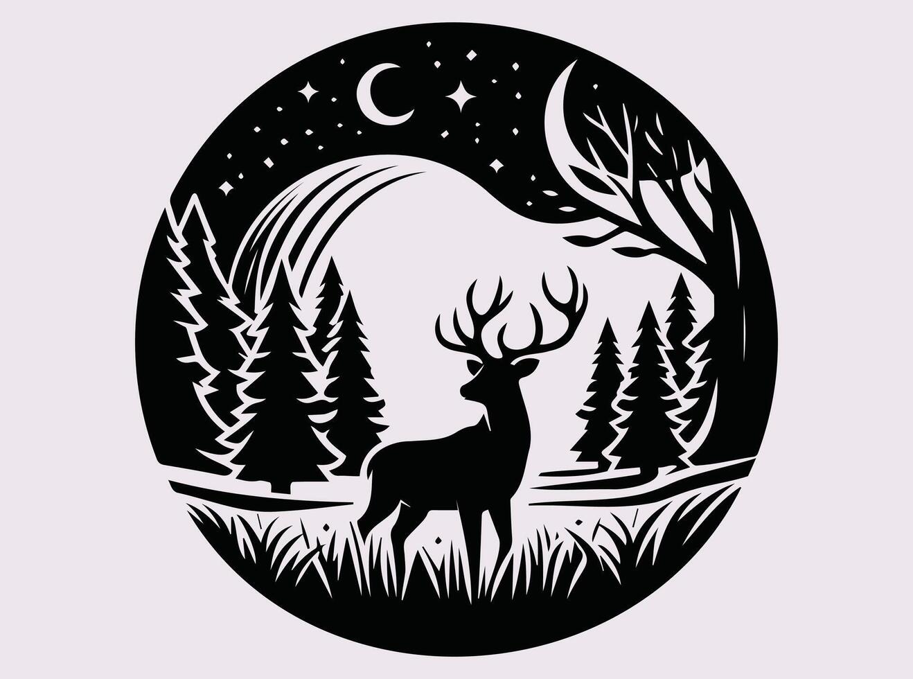 Solid Black Deer in Forest Silhouette for Wall Art and Outdoor Inspired Decor vector