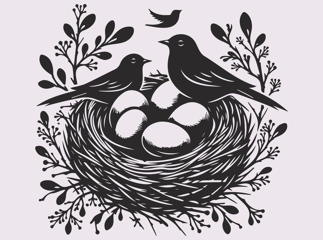 Striking Black Bird with Nest and Eggs Silhouette for Nature-Inspired Creations vector