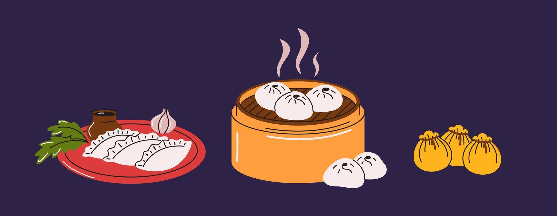 Illustration of a selection of traditional Asian dumplings and steamed buns, served with dipping sauces on a stylish dark background, drawn in a modern style. vector