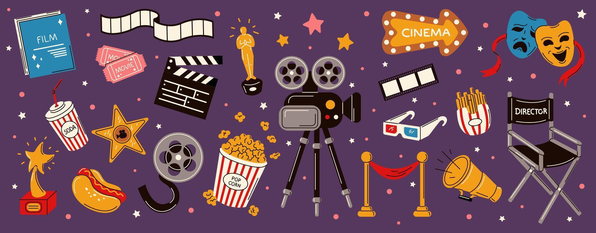 Illustration featuring various cinema and movie industry-related icons such as film reels, popcorn, director's chair, and awards, drawn in a playful and vibrant style. vector